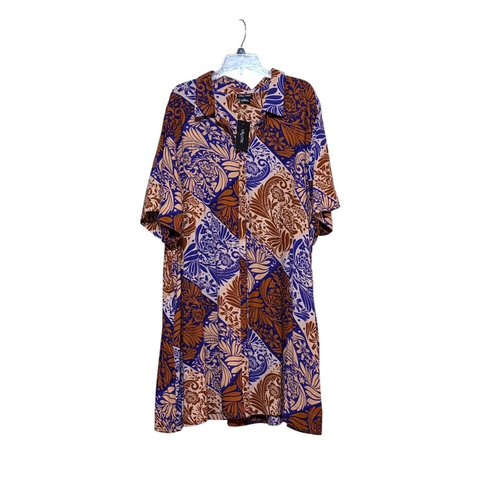 City Chic Linen Blend Dress XXL Floral Patchwork Short Sleeves Relaxed Cottage